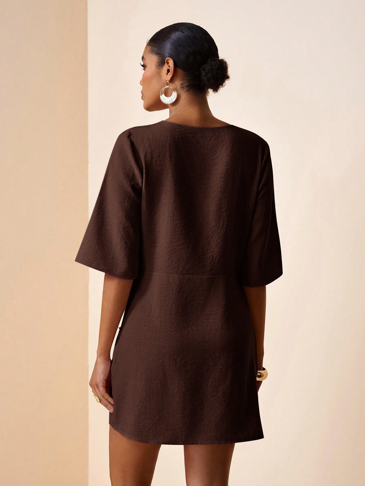 Elegant V Neck Mini Dress in Dark Brown