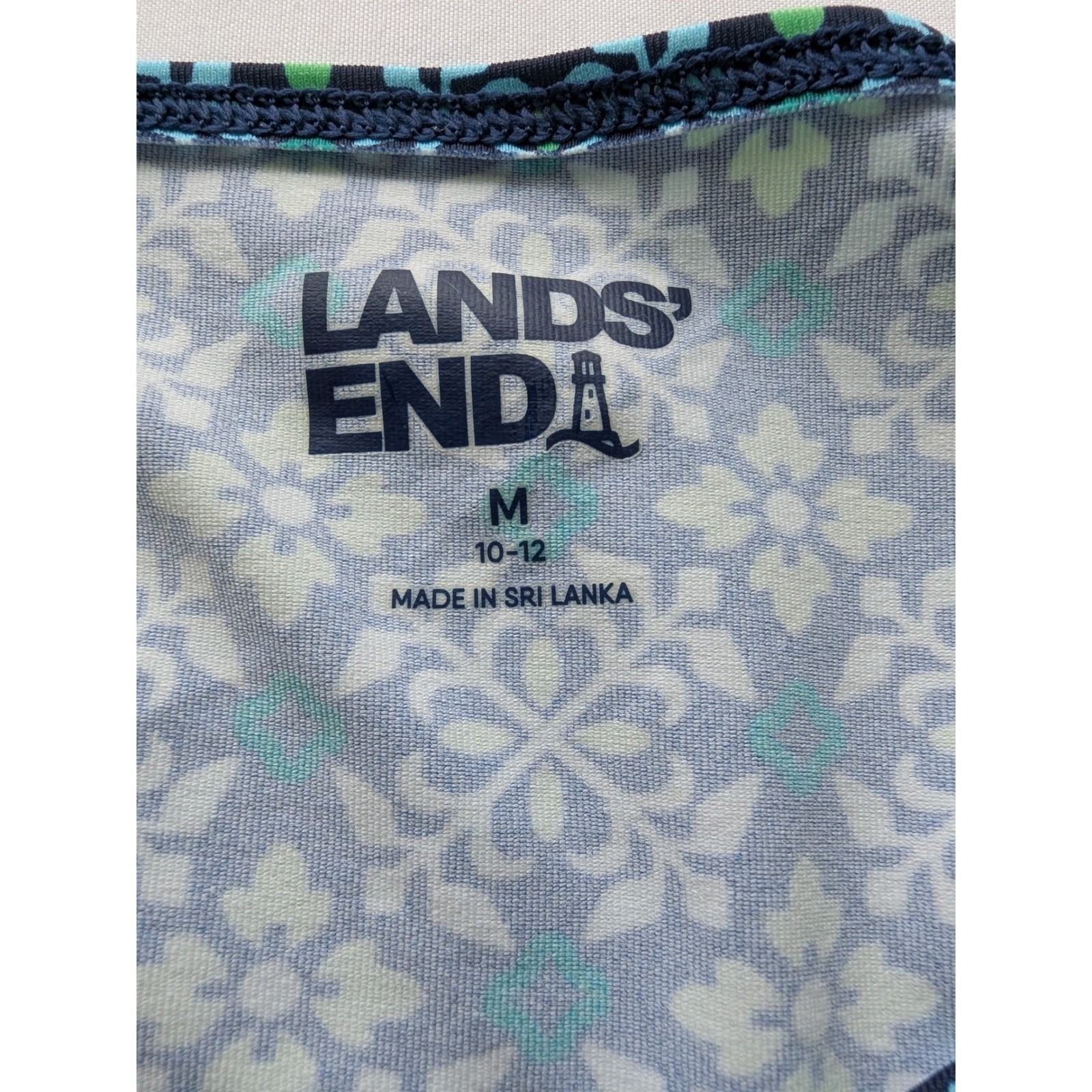 Lands’ End Blue Green Geometric Floral 3/4 Sleeve Boatneck Cover Up Dress Size M