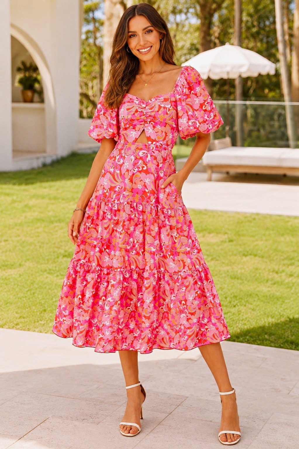 BTFBM Pink Orange Floral Smocked Ruched Lined Square Neck Puff Midi Dress Sz M