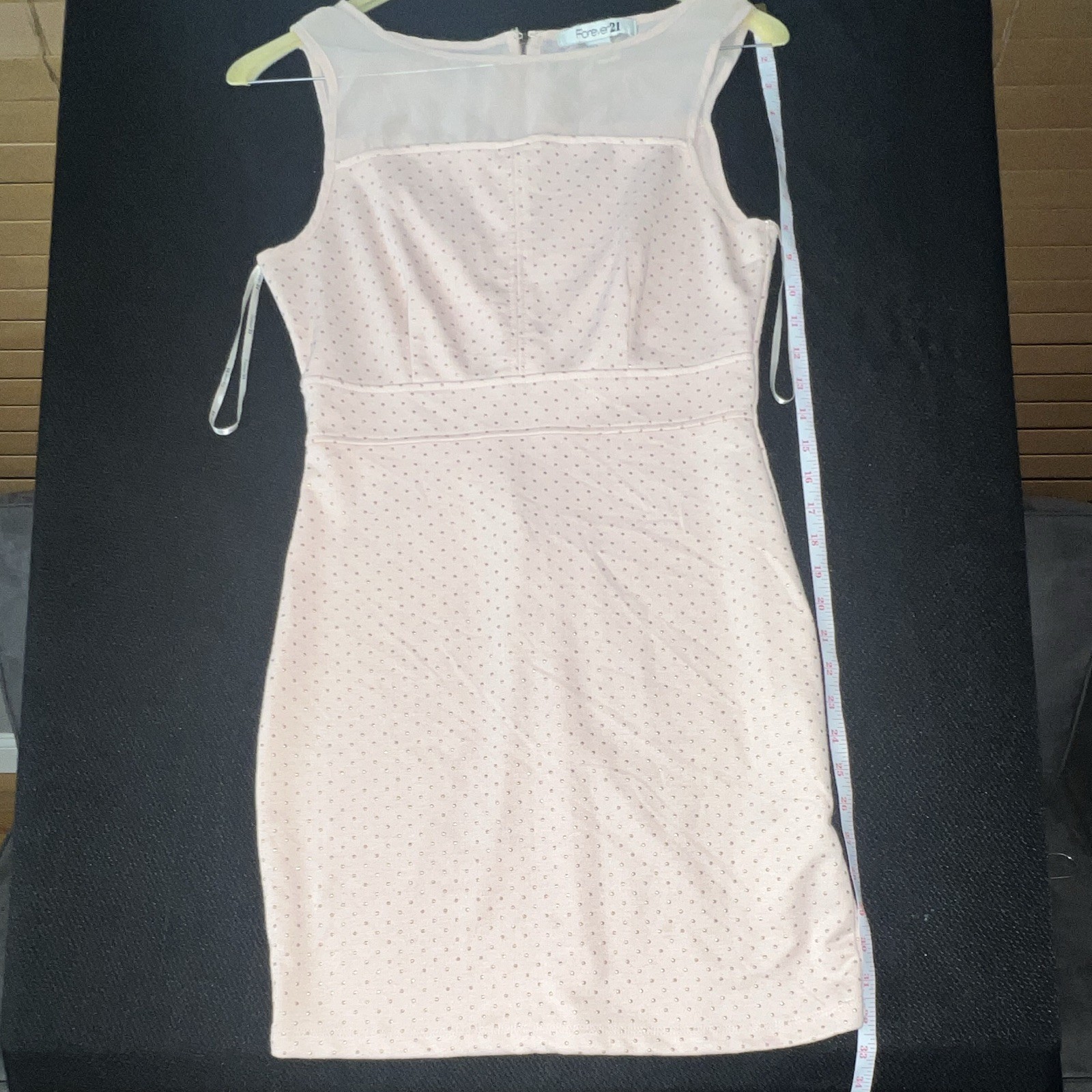 Stylist Forever 21 Pink Gold dots Mesh Sheer Yoke Sheath Dress Sleeveless L.