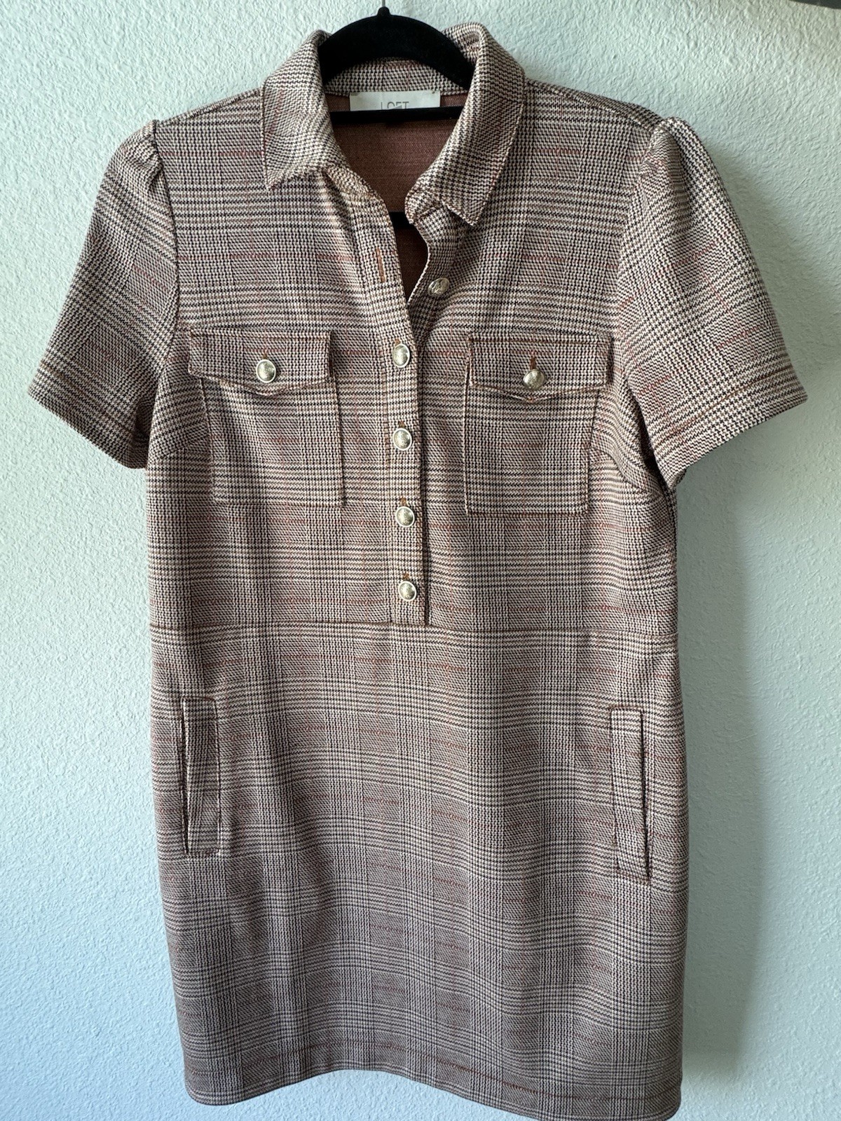 LOFT Women’s Brown Plaid Shirt Dress Short Sleeve Collared Pockets Size 8