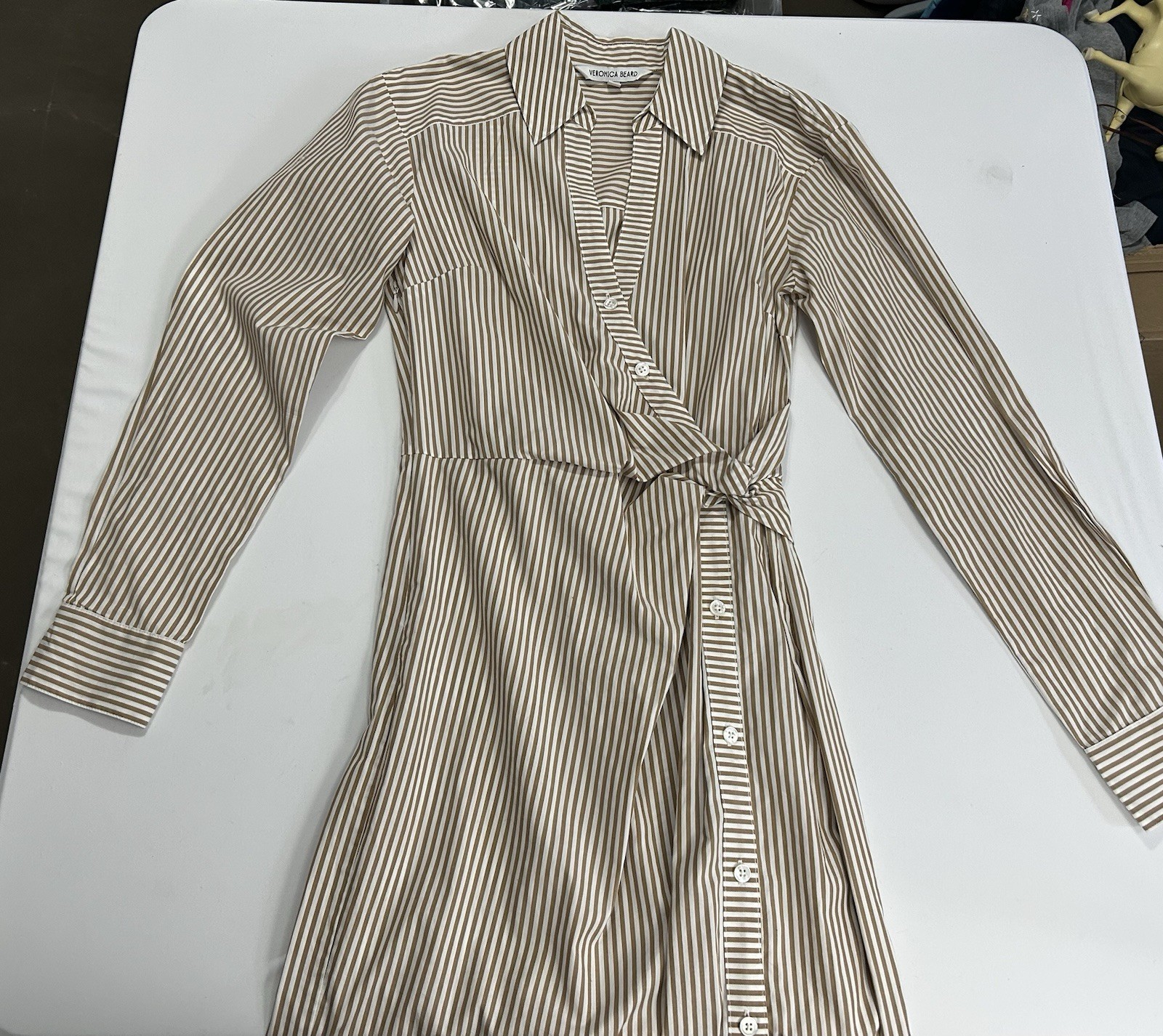 Veronica Beard Wright Striped Long-Sleeve Twist Waist Midi Shirtdress Sz 2