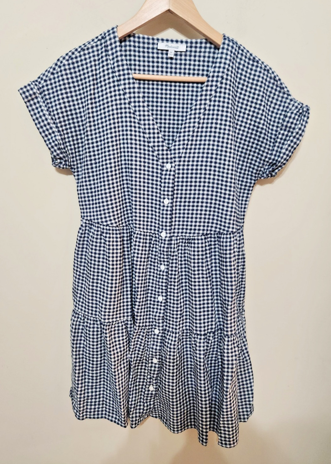 Madewell Gingham Tiered Mini Dress Blue White Cuff Sleeve Button Front XS