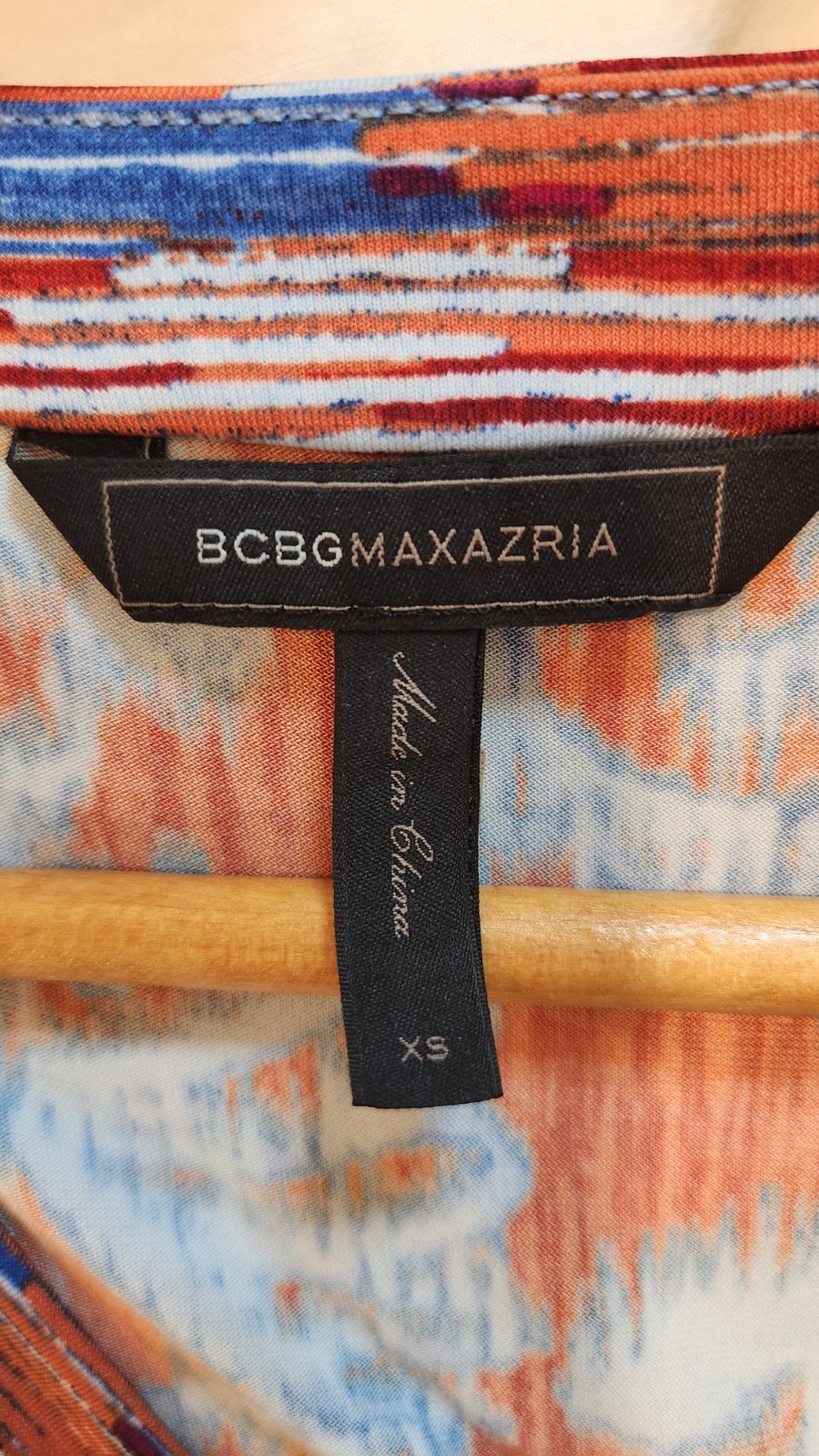 BCBGMAXAZRIA Orange Blue Ikat Print Hallee V-Neck Wrap Tie Dress Size XS