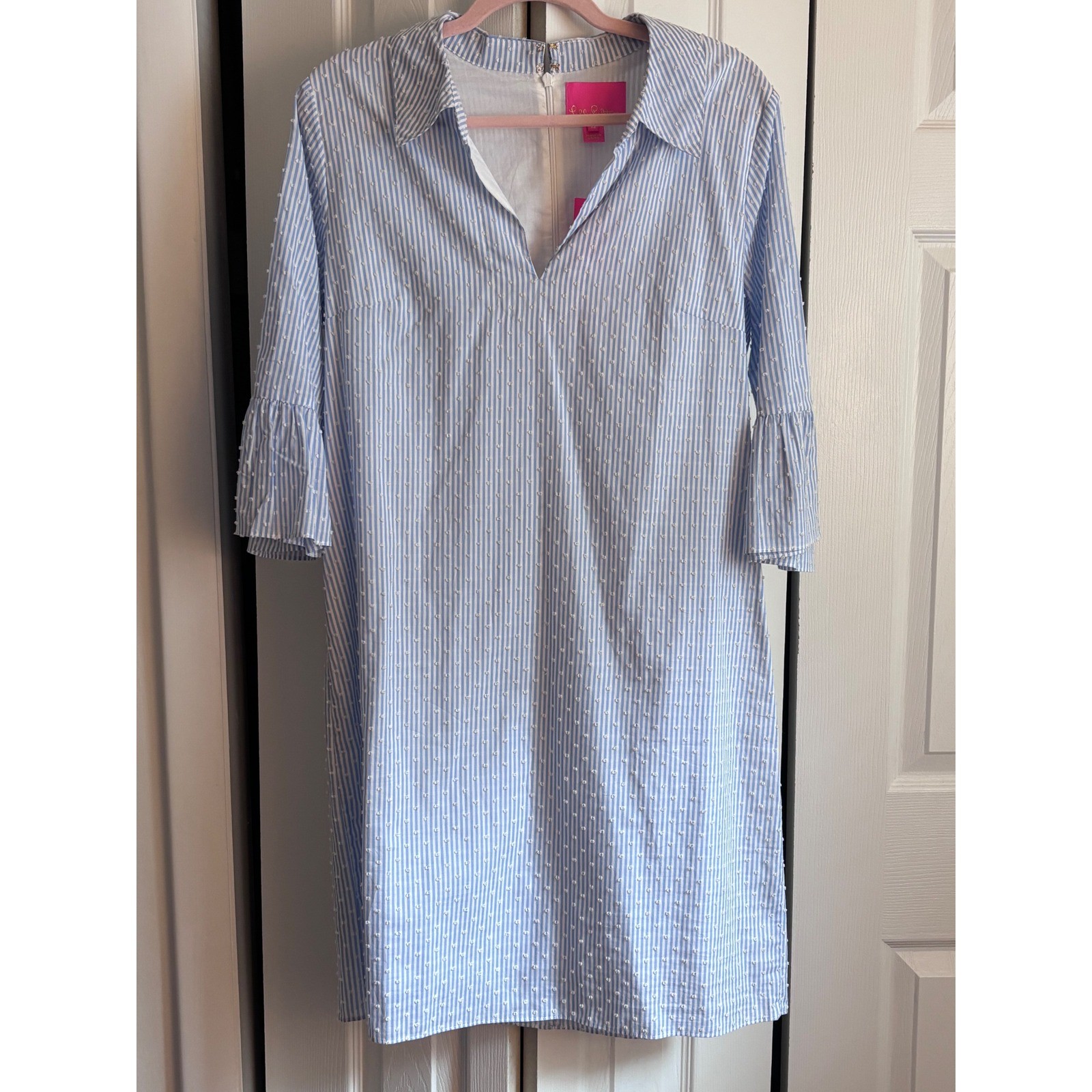 Lilly Pulitzer Ginger Dress 12 Blue Peri Stripe White Clip Dots NWT MSRP $178