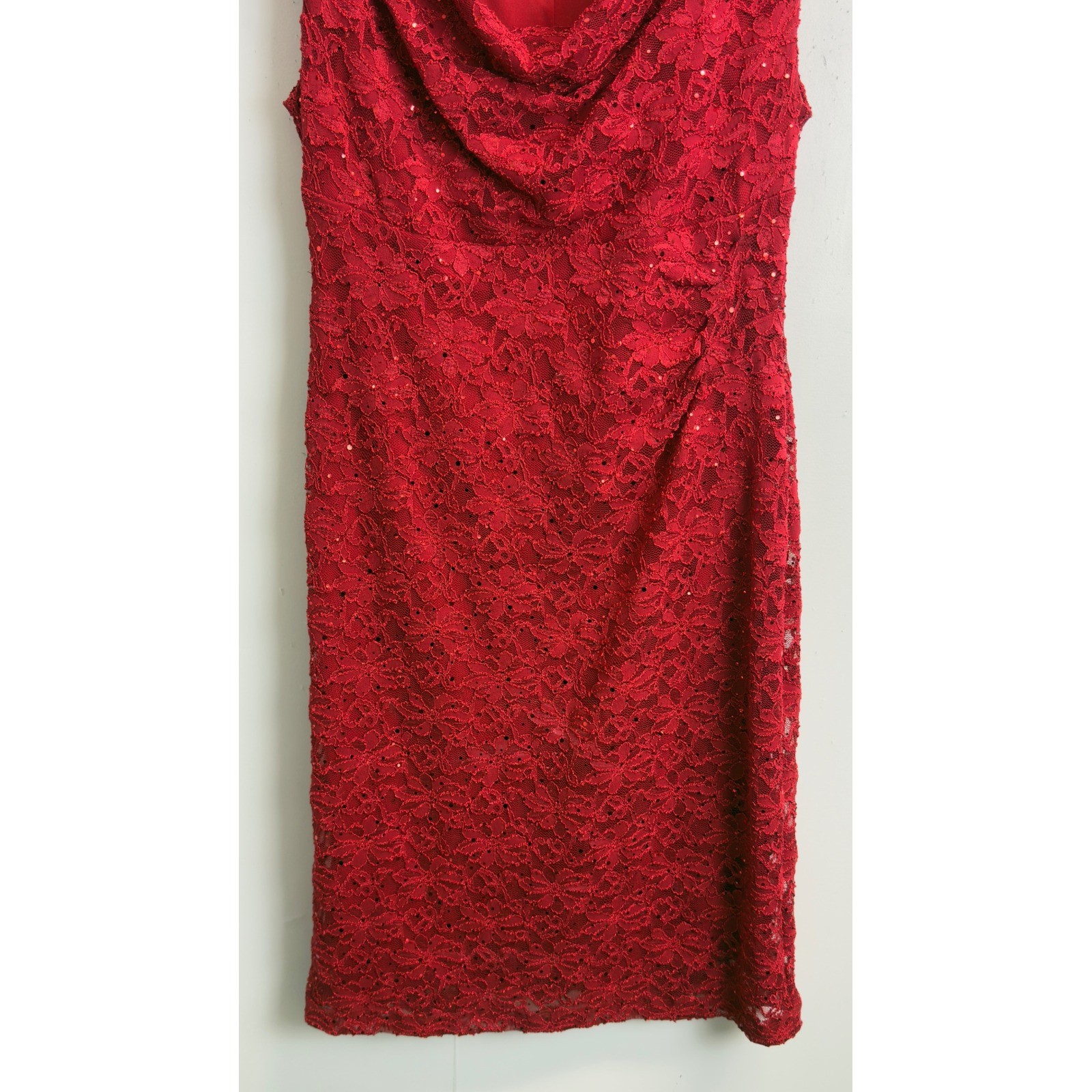 Connected Apparel Red Lace Sequin Cowl Neck Ruched Sheath Dress Womens 14