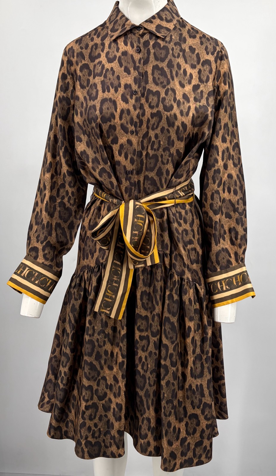 CH Carolina Herrera Leopard-Print Silk Logo-Print Shirtdress sz L