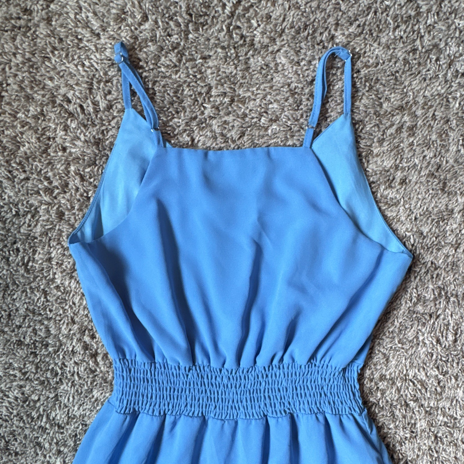 PRETTYGARDEN Blue Solid Maxi Dress S Sleeveless V-Neck Button Front Smocked