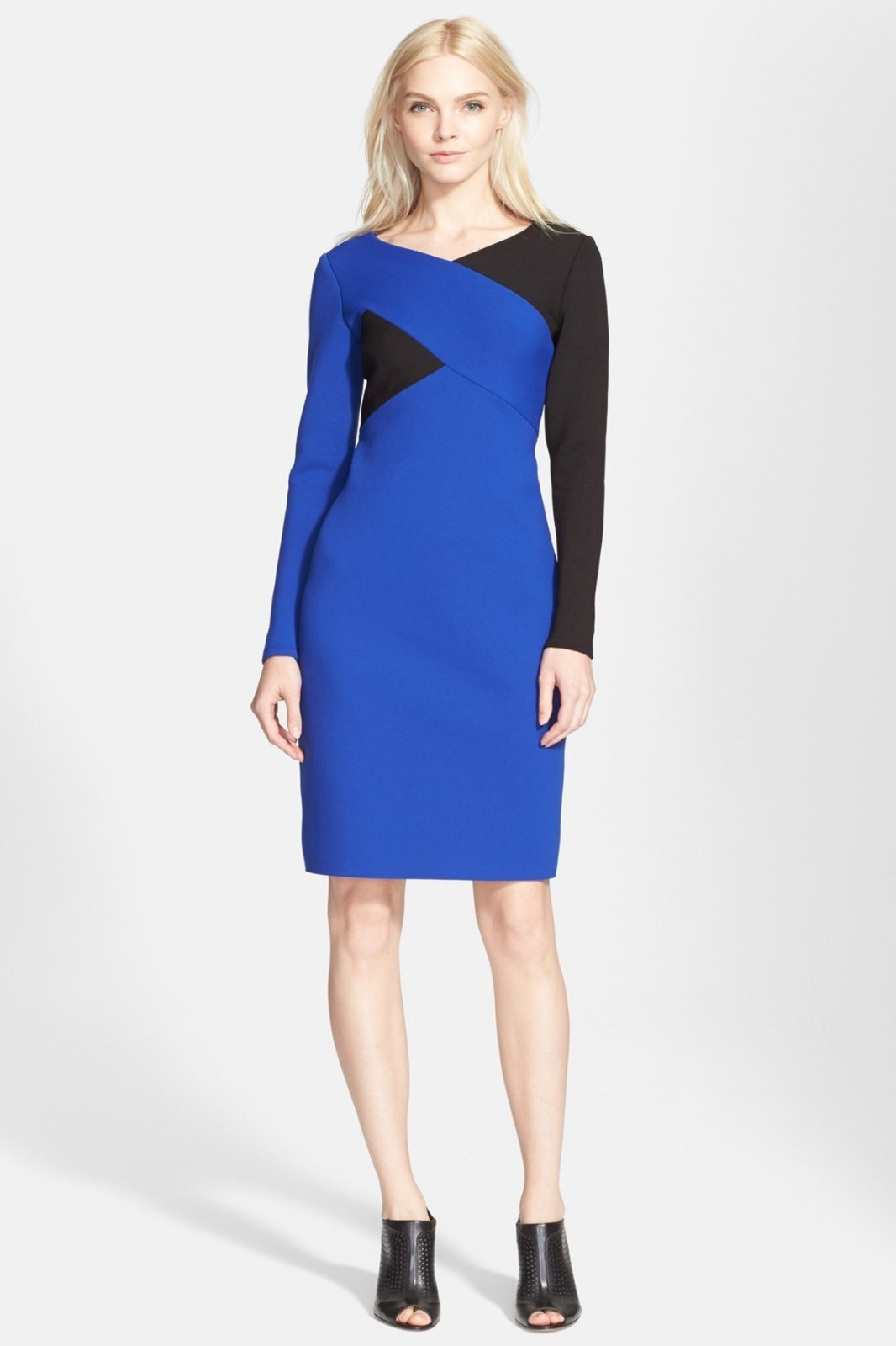 MILLY Black Cobalt Blue Colorblock V-Neck Stretch Knit Sheath Bodycon Dress 10