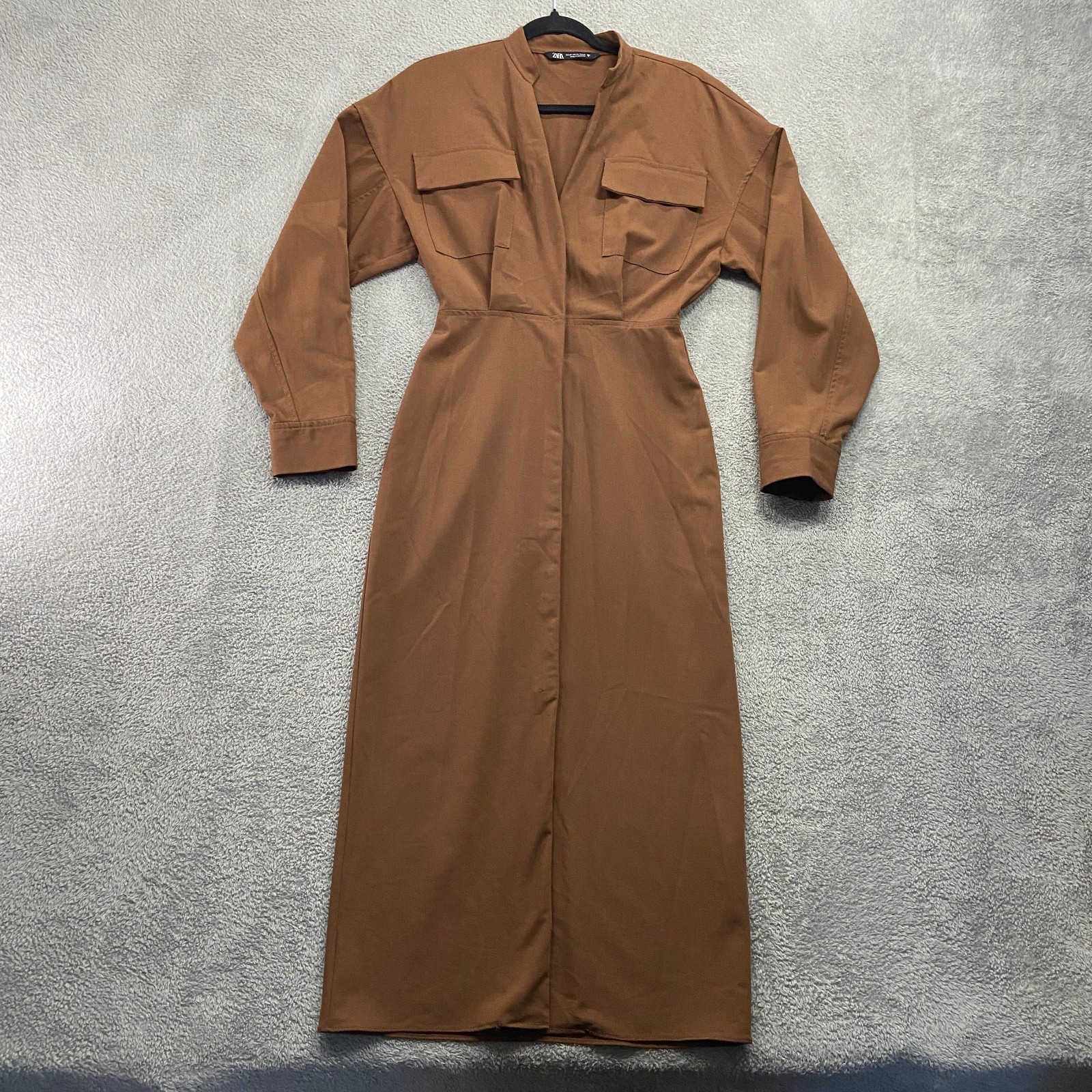 Zara Dress Women’s Extra Small Brown Midi Shirt Coat Front Snap Modern City