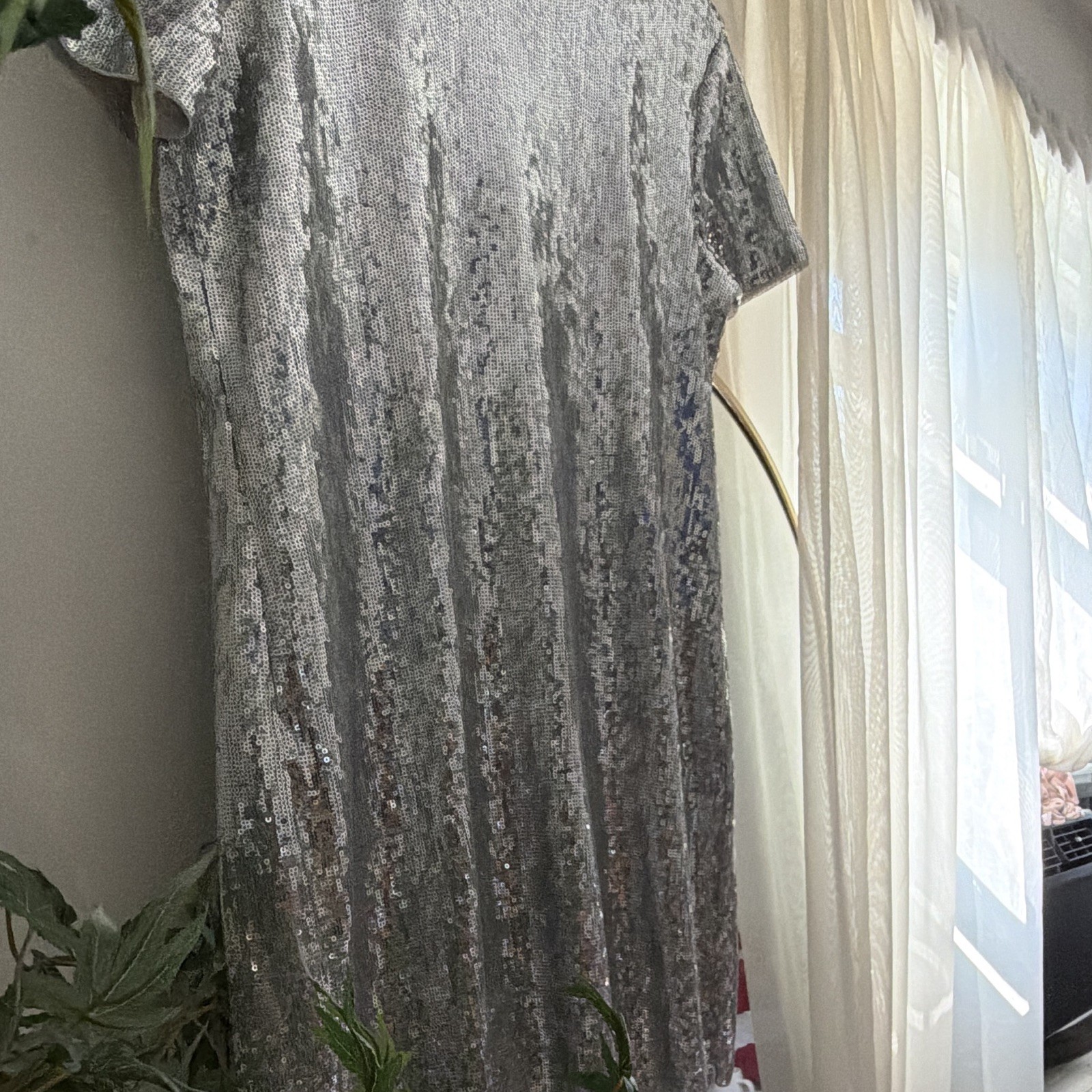 Express Silver Sequin Shift Dress Mid Thigh Length Party/Cocktail Short Sleeve M