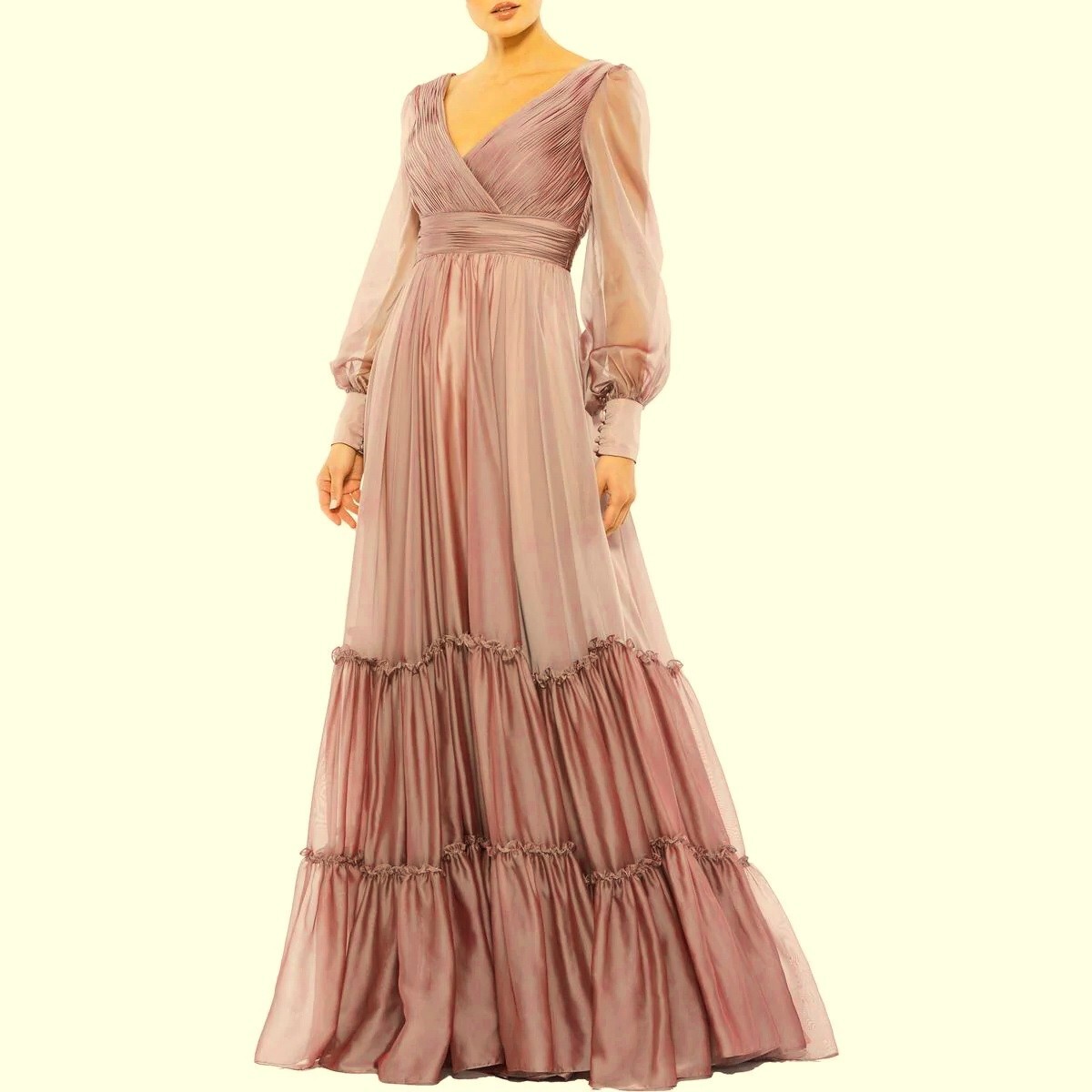 Mac Duggal Mocha Mauve Long Sleeve Satin & Chiffon Tiered Gown Size 12 $598