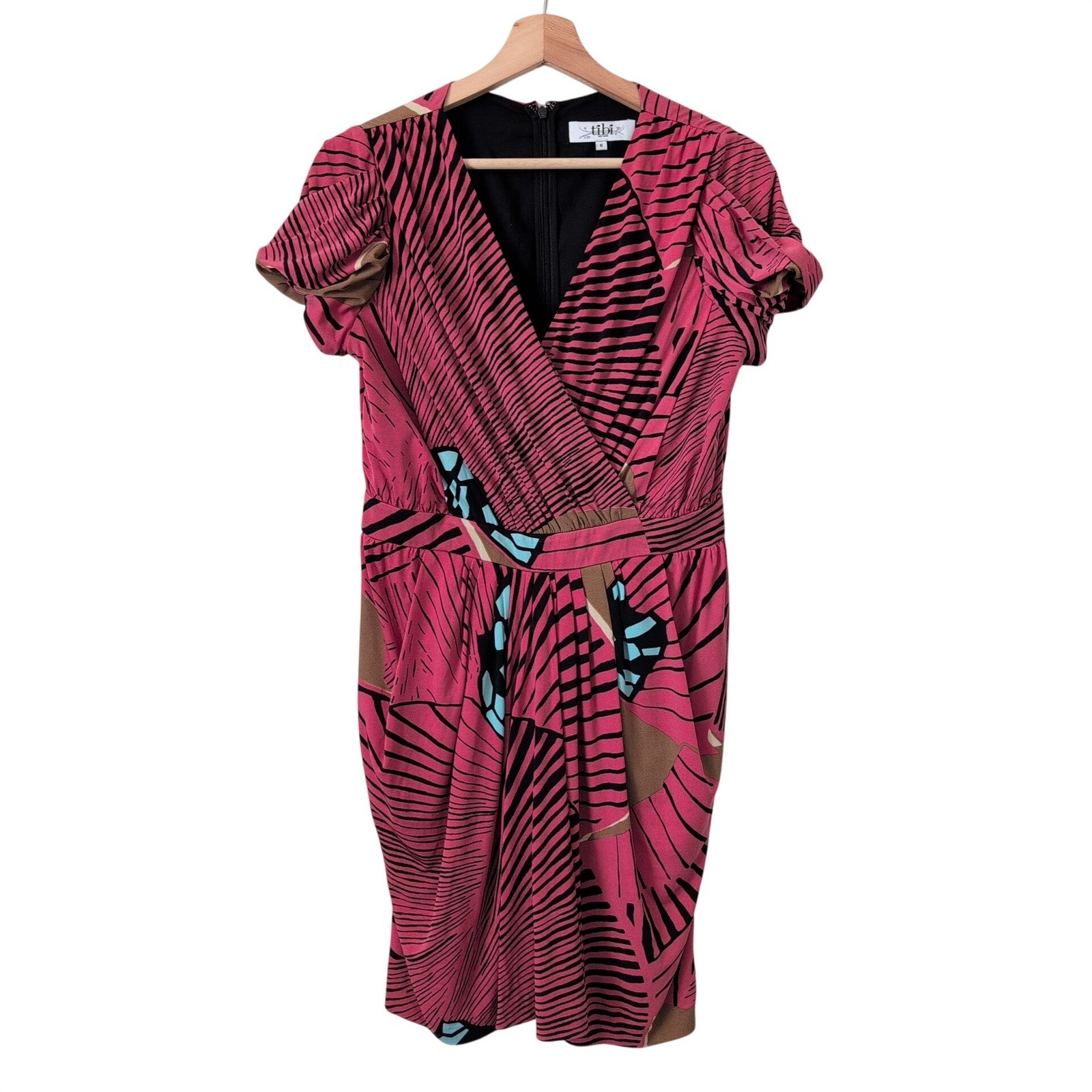 Tibi New York Pink Black Abstract Print Wrap Front Midi Dress Size 6 Designer