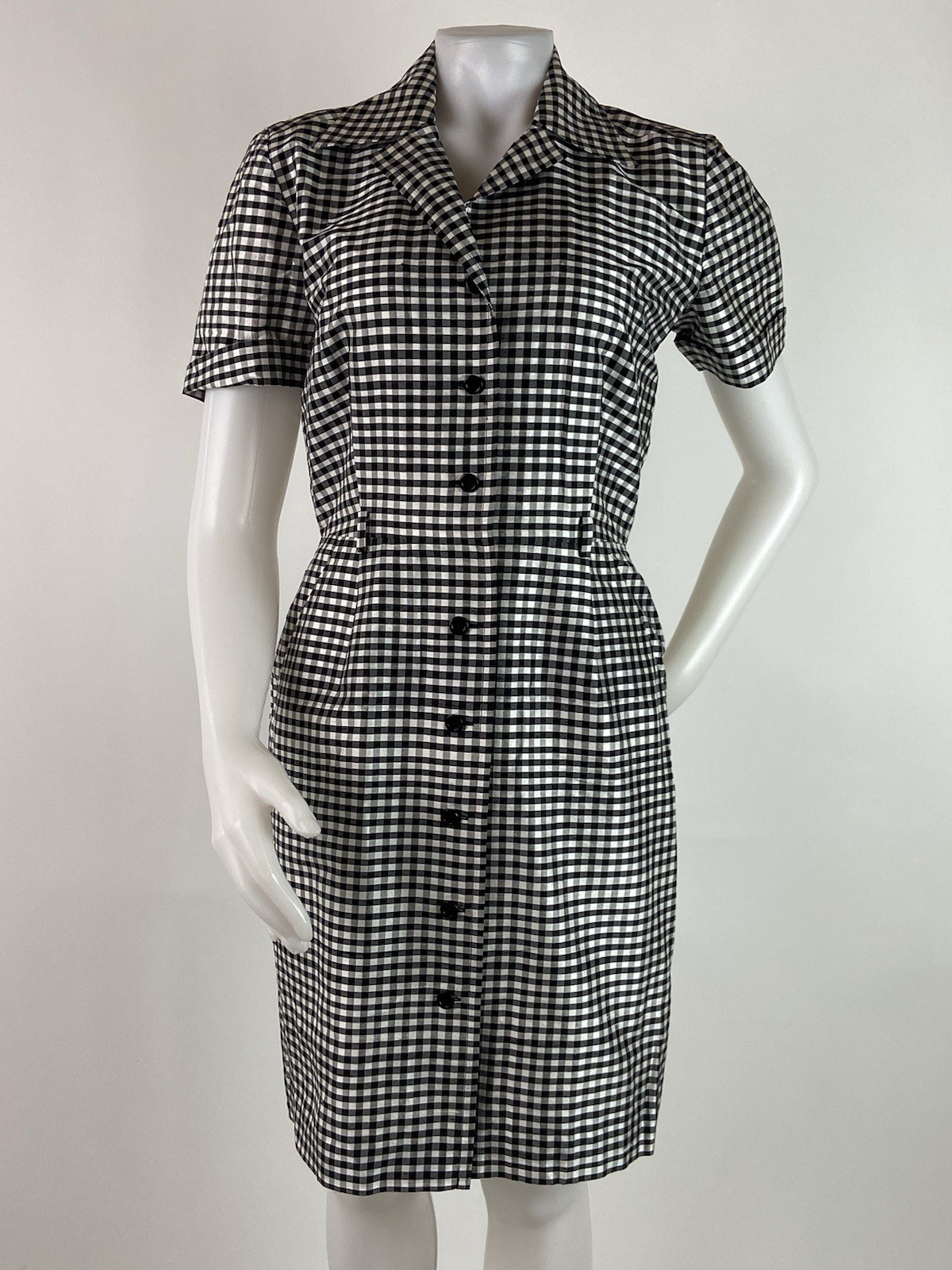 Linda Allard For Ellen Tracy Size 4 Black Gingham Button Front Silk Dress Pocket