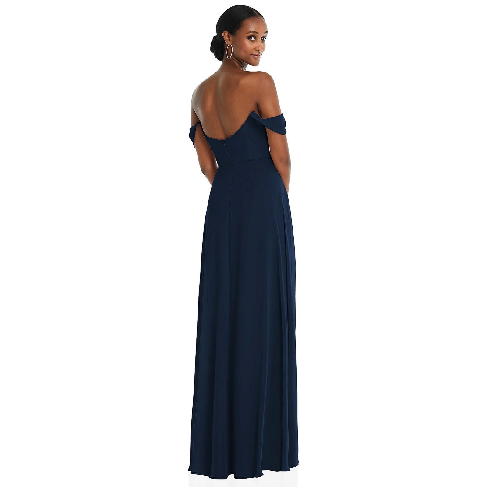 After Six Navy Lux Chiffon Gown Off Shoulder Formal Maxi 4 Prom Wedding NWOT