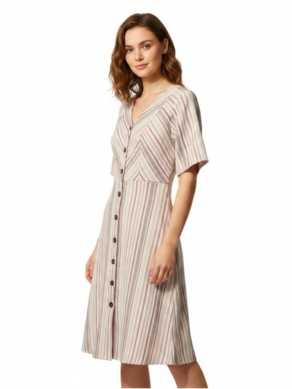 NWT Sleeveless Button Front Linen Blend Striped Dress Top in Pink & Cream