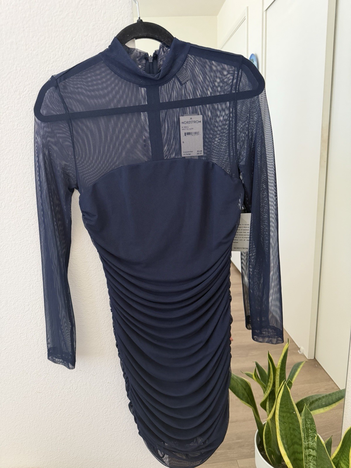 Nordstrom Blue Sheer Mesh Ruched High Neck Long Sleeve Mini Dress S Zip
