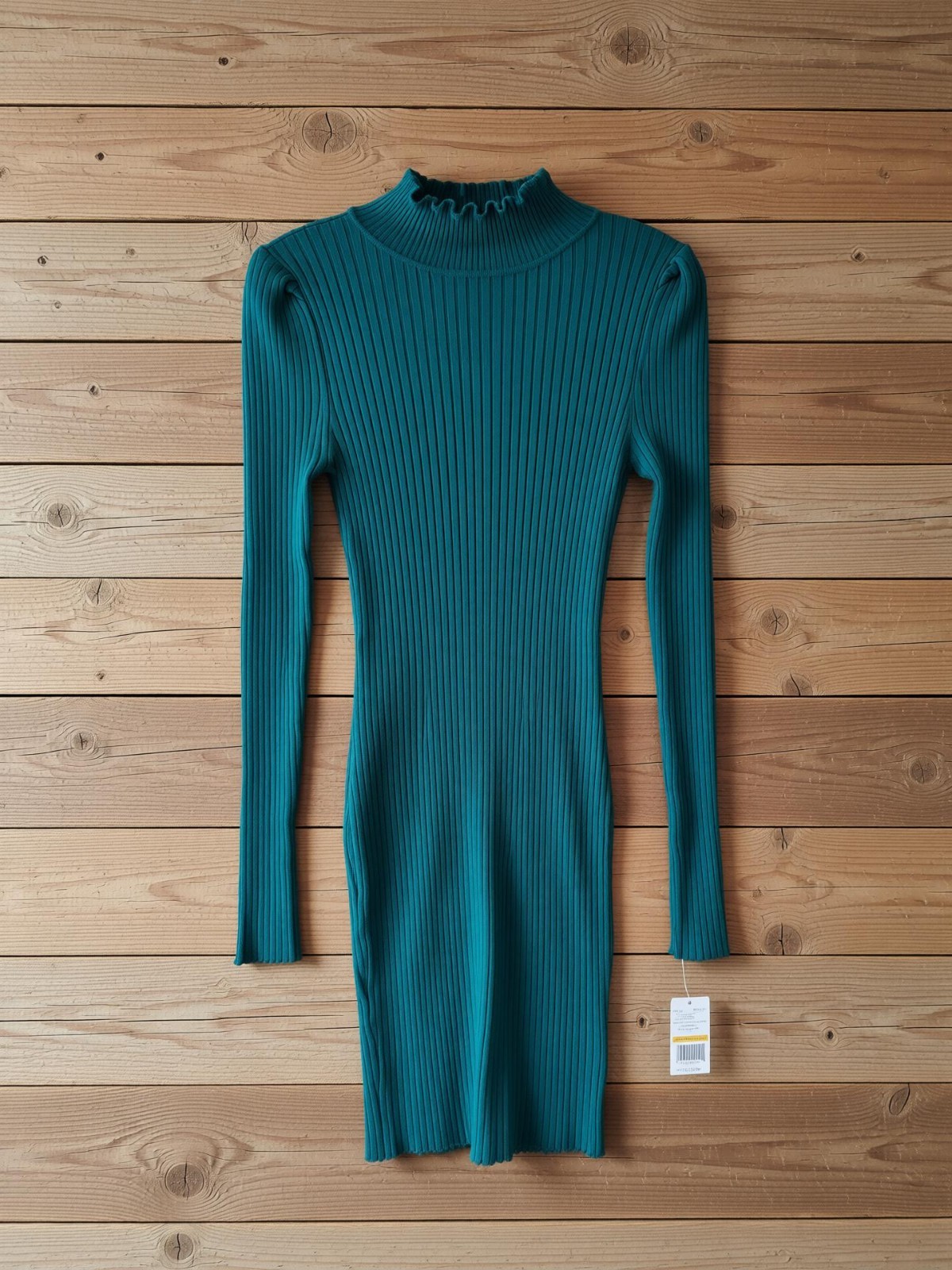 Major Label Group Teal Green Ribbed Knit Sweater Dress Sz S Ruffle Mock Neck
