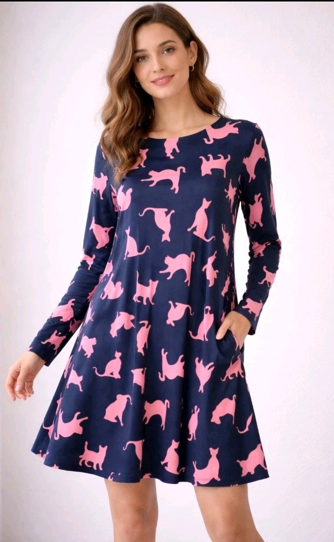 Yelete Navy Blue Pink Women’s L Large Stretch Dress Cat Print Pockets