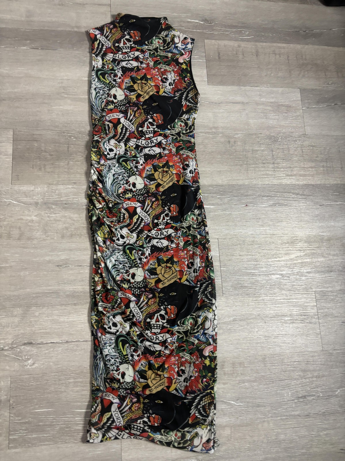 Ed Hardy Dress Womens Medium Multicolor Tattoo Skull Ruched Maxi Sleeveless