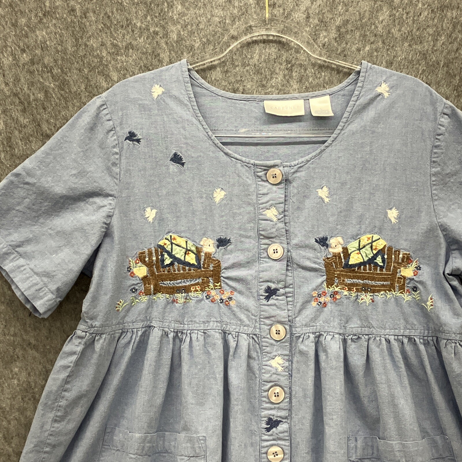 Cabernet Button Up Dress Womens L Blue Chambray Embroidered Cottage Modest Patio