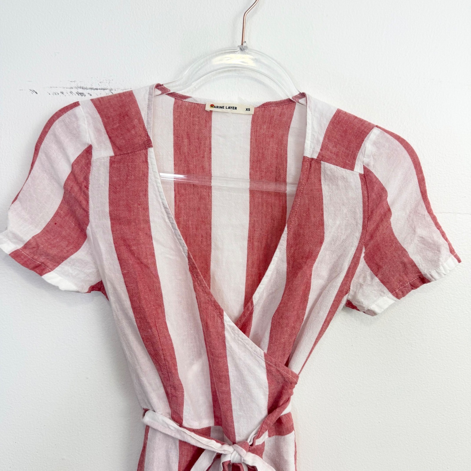 Marine Layer Frances Linen Blend Striped Wrap Mini Dress XS Pink White