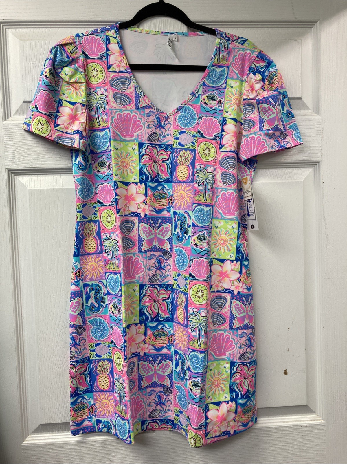 Lulu B L Colorful Tropical Patchwork Boatneck Ruffle Sleeve Dress Upf50