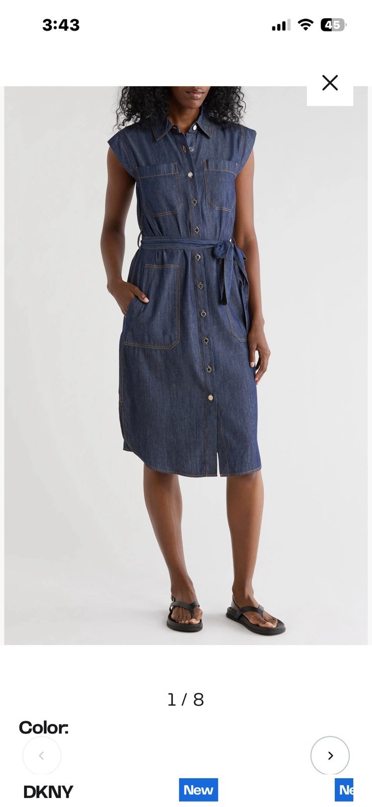 NWTS DKNY Cap Sleeve Cotton Blend Chambray Button up Shirtdress Tie Waist SZ. 12