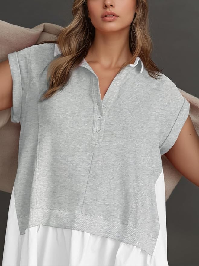 Fisoew Womens Sweatshirt Dresses Short Sleeve V Neck Patchwork Oversized L Gray