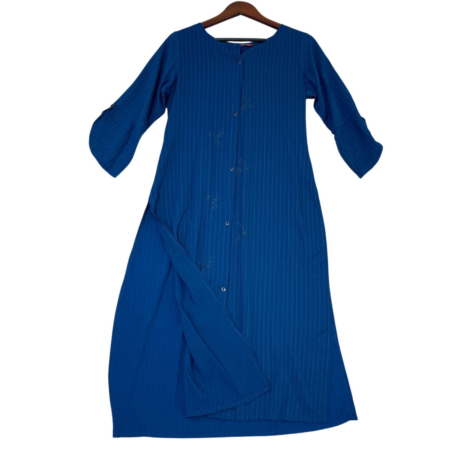 NWT Juliet Women’s XL Blue Striped Long Tunic Kameez With Button-Up Front C0785