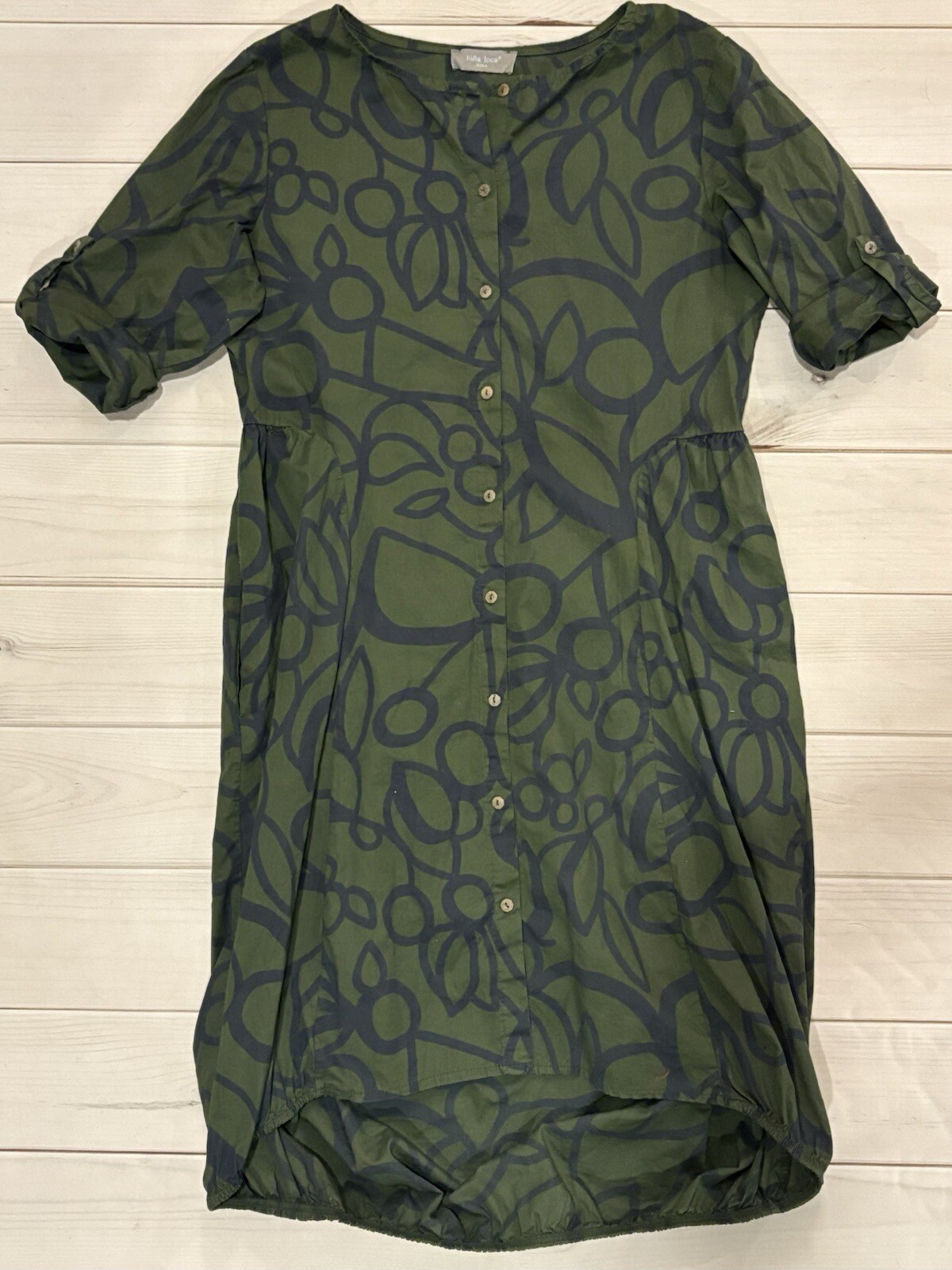 Nina Loca Dress Roma Italy Cotton Shirt Dress Button Up Bubble Hem Abstract Sm