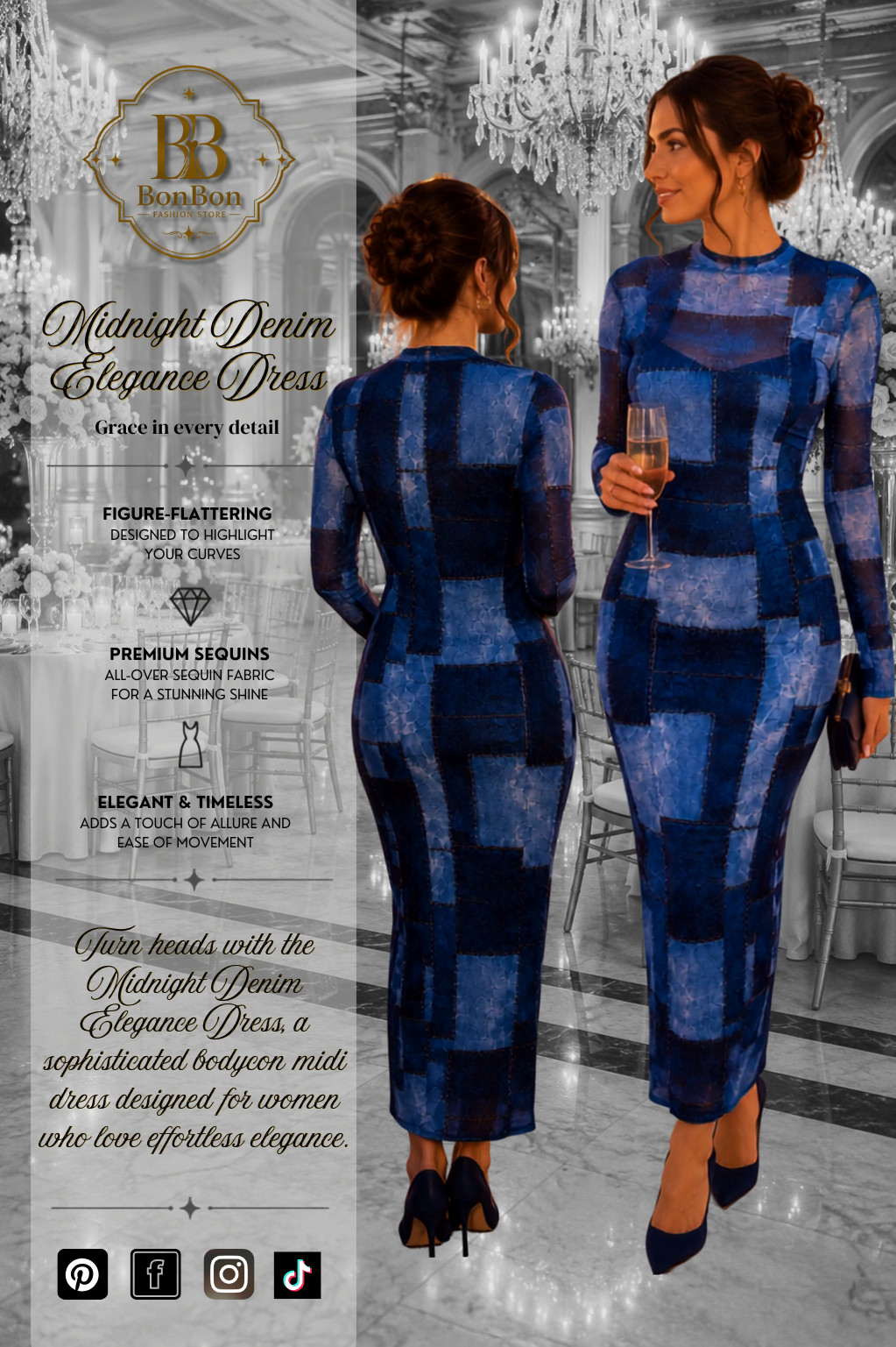 Blue Patchwork Mesh Maxi Dress | Elegant Long Sleeve Bodycon Evening Dress
