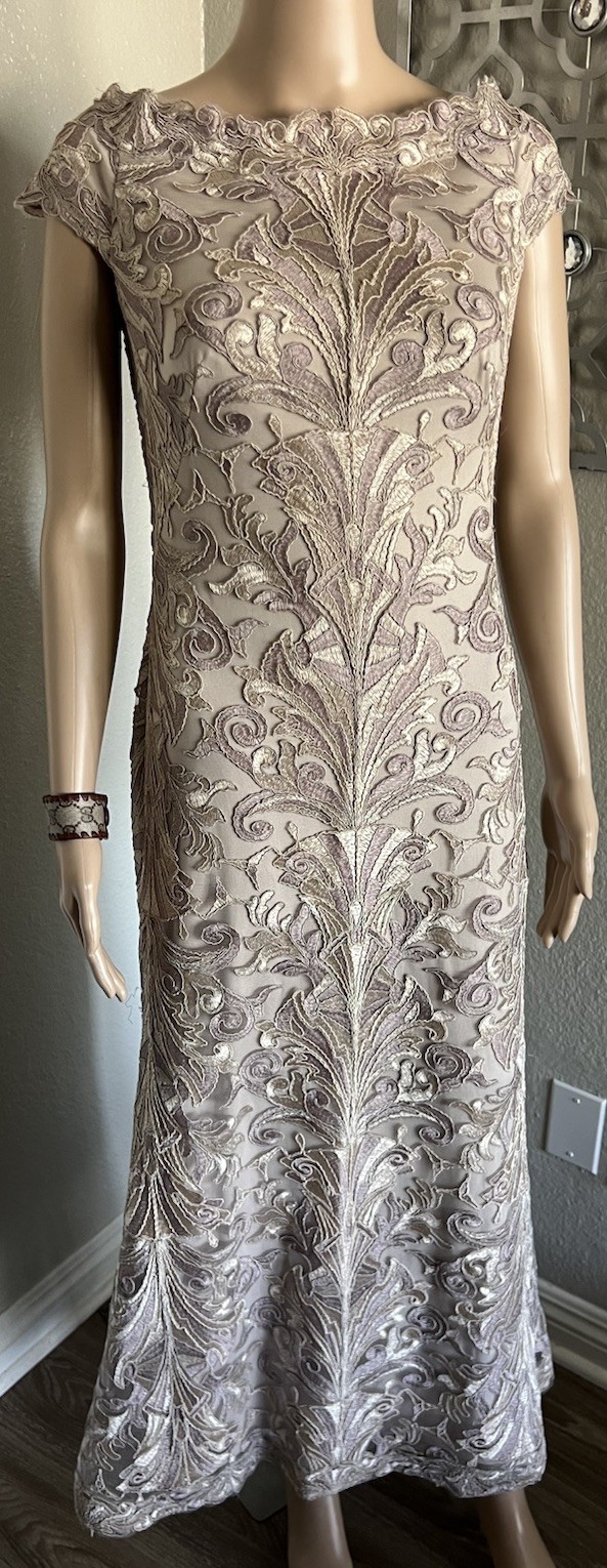 TADASHI SHOJI Party LACE Embroidered Sheath Maxi Dress Gown Cap Sleeve sz 2