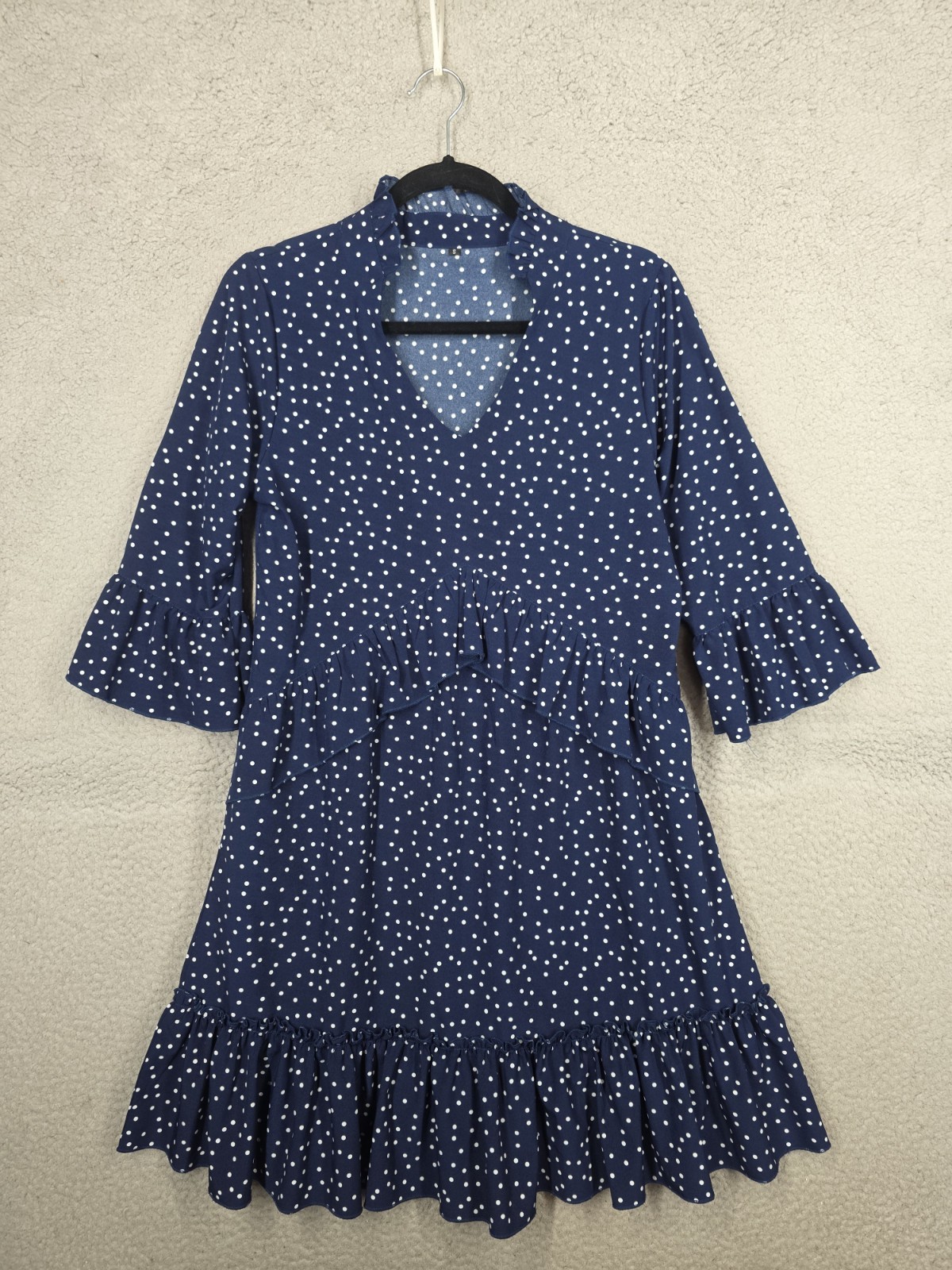 Navy Blue Polka Dot Peplum Dress Small Half Sleeve Retro Style Ruffled Knee Leng