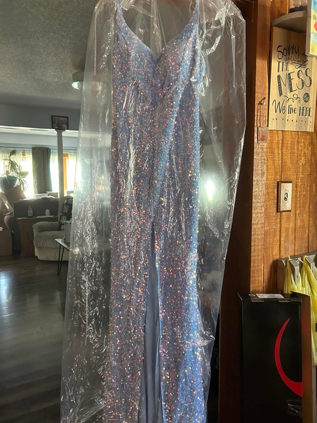 Love & Lemonade Blue Sequin V-Neck Sleeveless Slit Long Gown Dress L