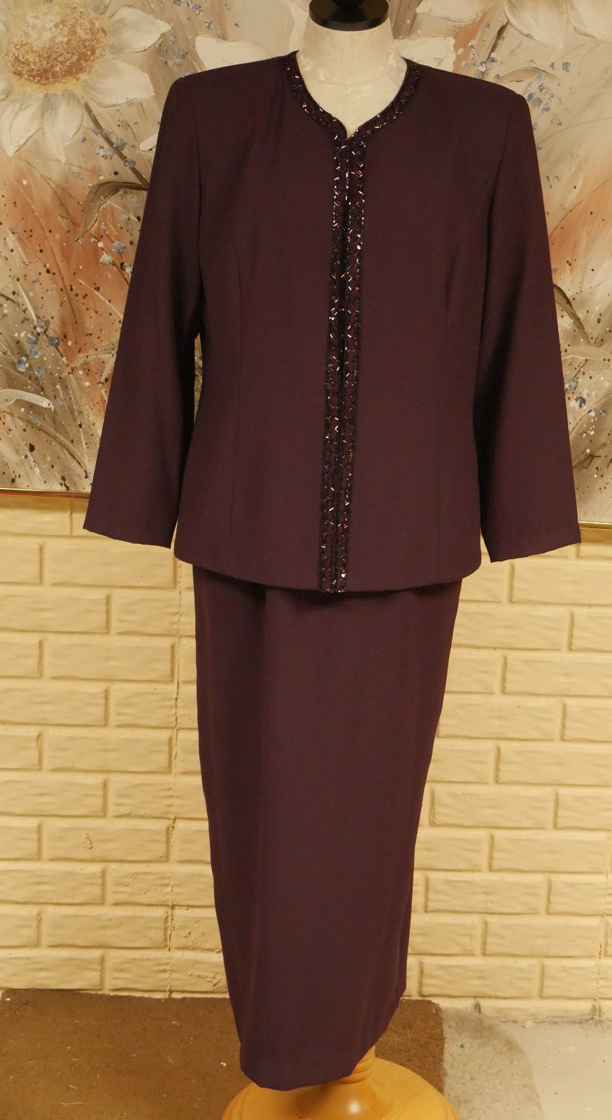 EUC KAREN MILLER SZ 14 WINE COLOR MAXI DRESS EMBELLISHED FRONT 1 BUTTON JACKET