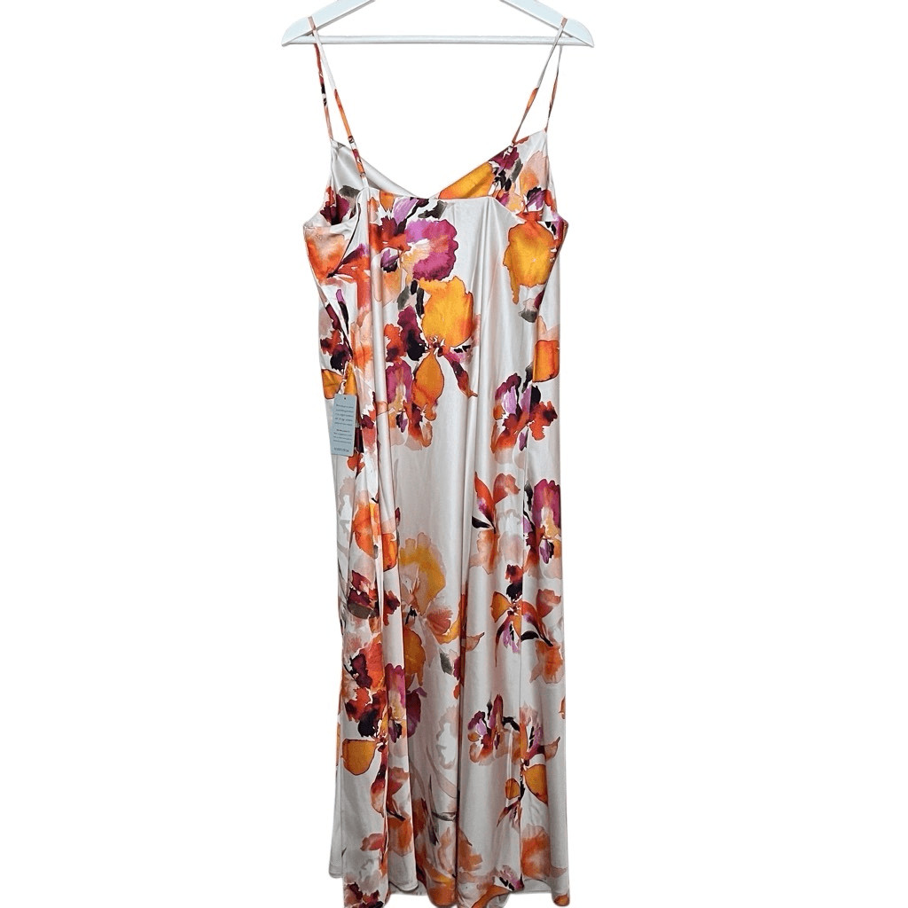 NWT Socialite Satin White Orange Floral Print Cowl Neck Midi Slip Dress XL