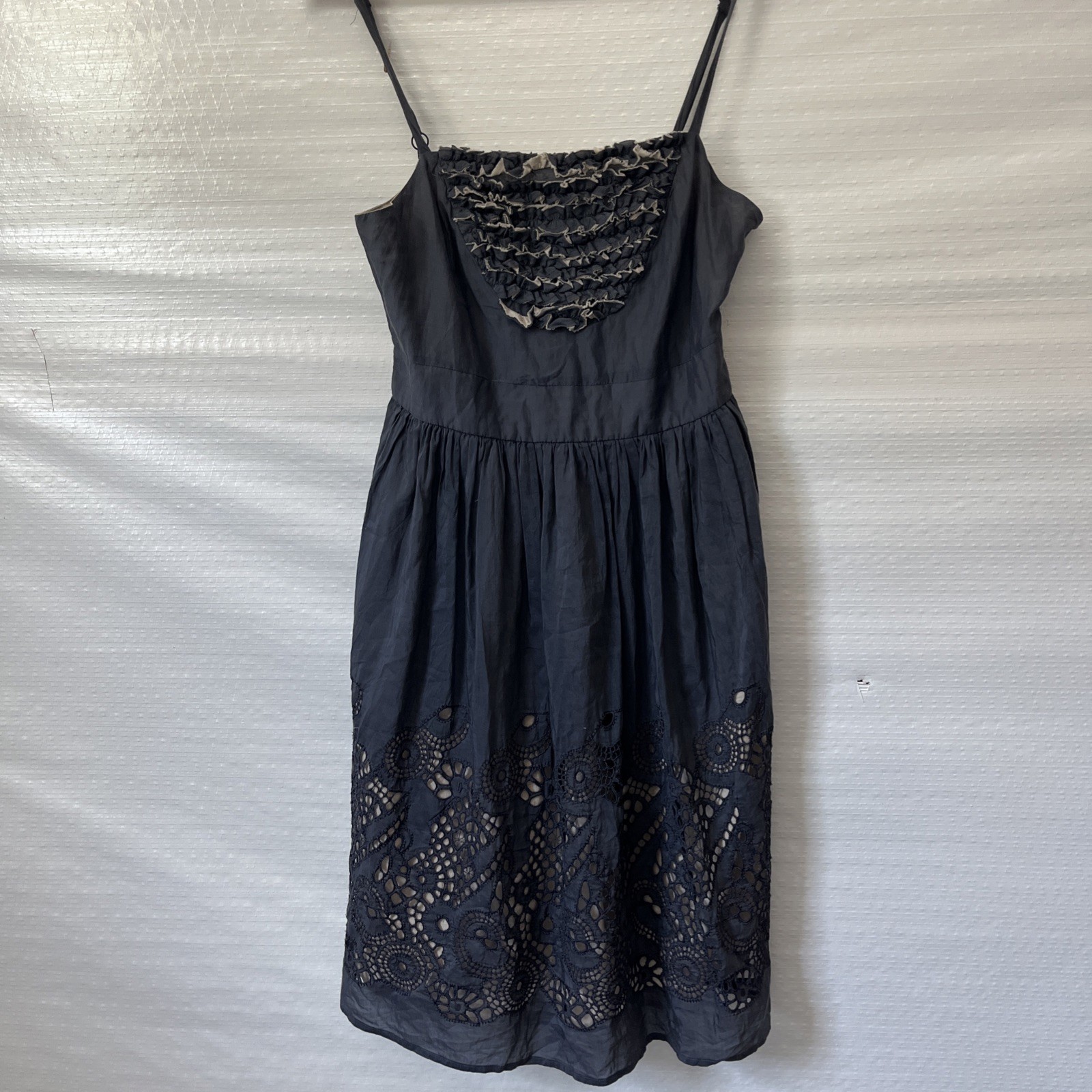 Burlapp Dress Slate Blue Size 4 Spaghetti Straps Crochet cotton silk blend