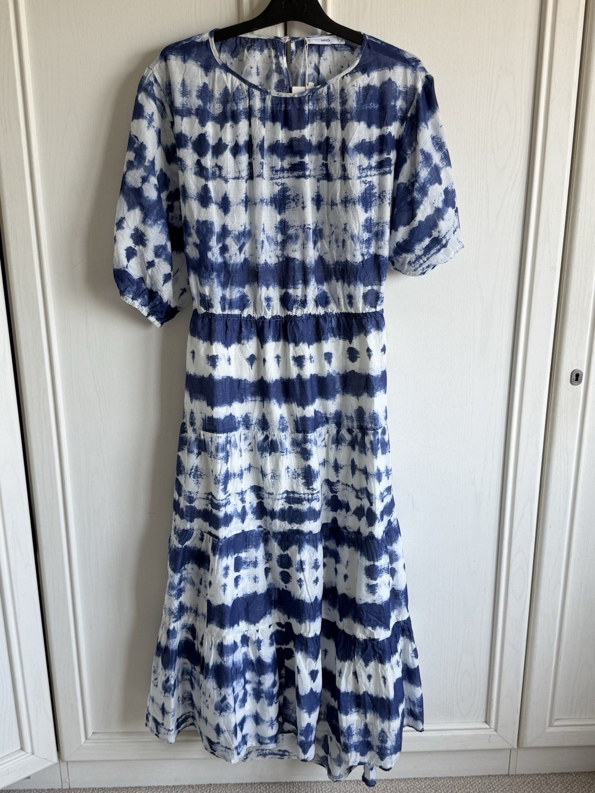 Mango MNG Blue Tie Dye Cotton Dress Open Back Cut Out Midi Dress