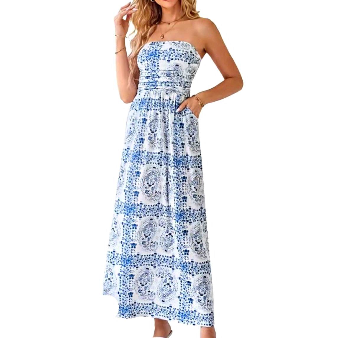 NWT Grace Karin Blue & White Boho Strapless Maxi Dress with Pockets | Size Med
