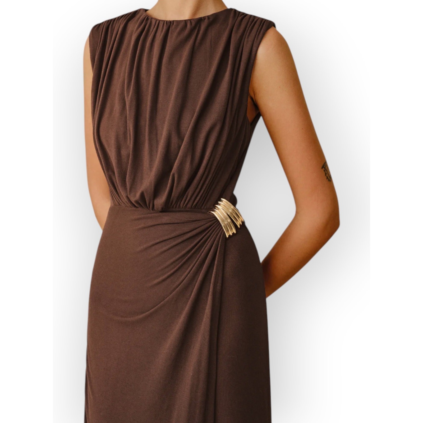 Commense Brown Ruched Maxi Dress Metal Buckle Sleeveless XL Modern Chic Elegant
