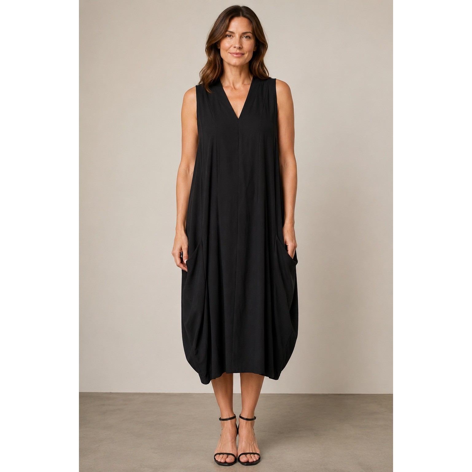 Eileen Fisher Black Silk V-Neck Lantern Dress Minimalist Quiet Luxury Large
