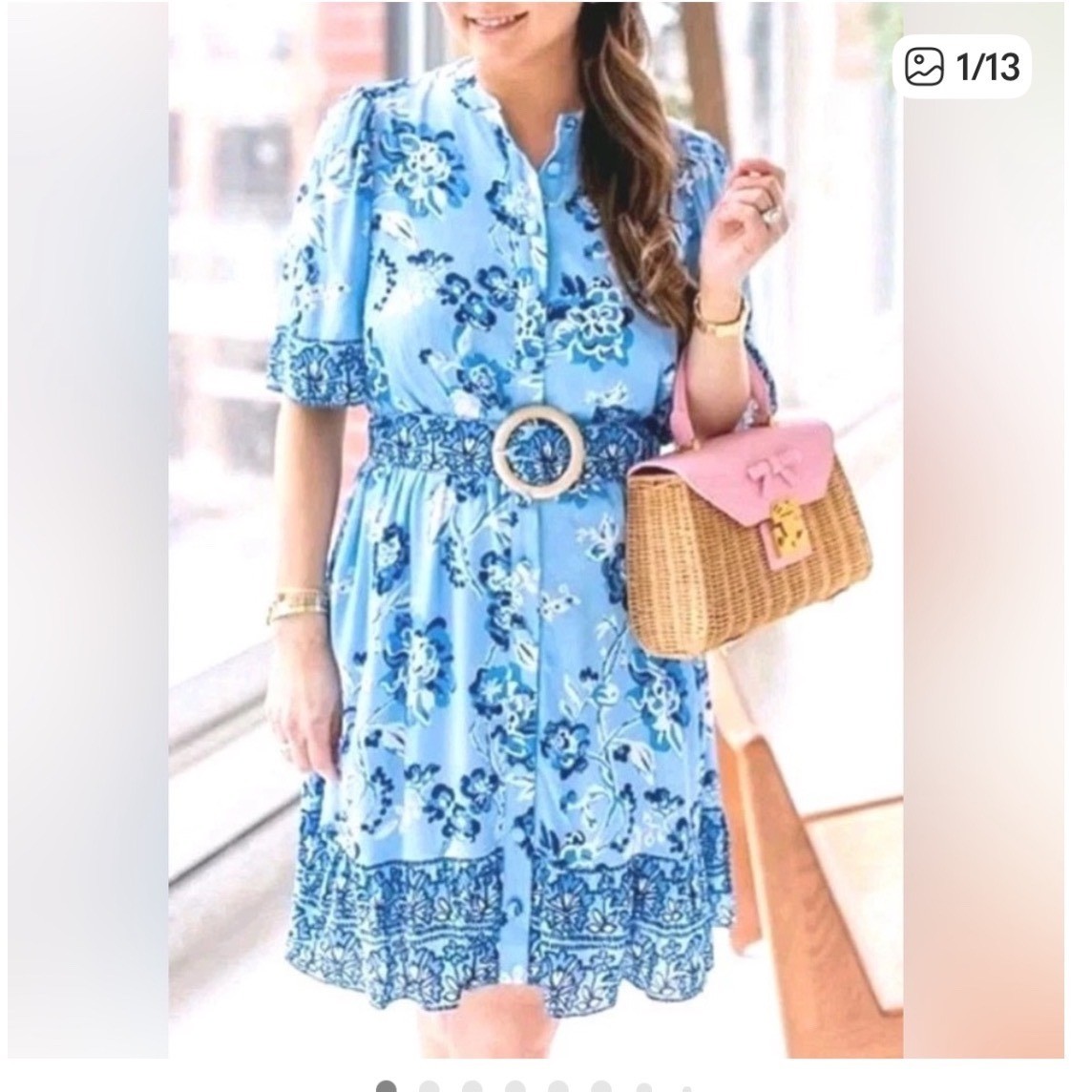 STS Blue Floral Midi Dress Button Front Flutter Sleeve Wood Buckle Belt XL