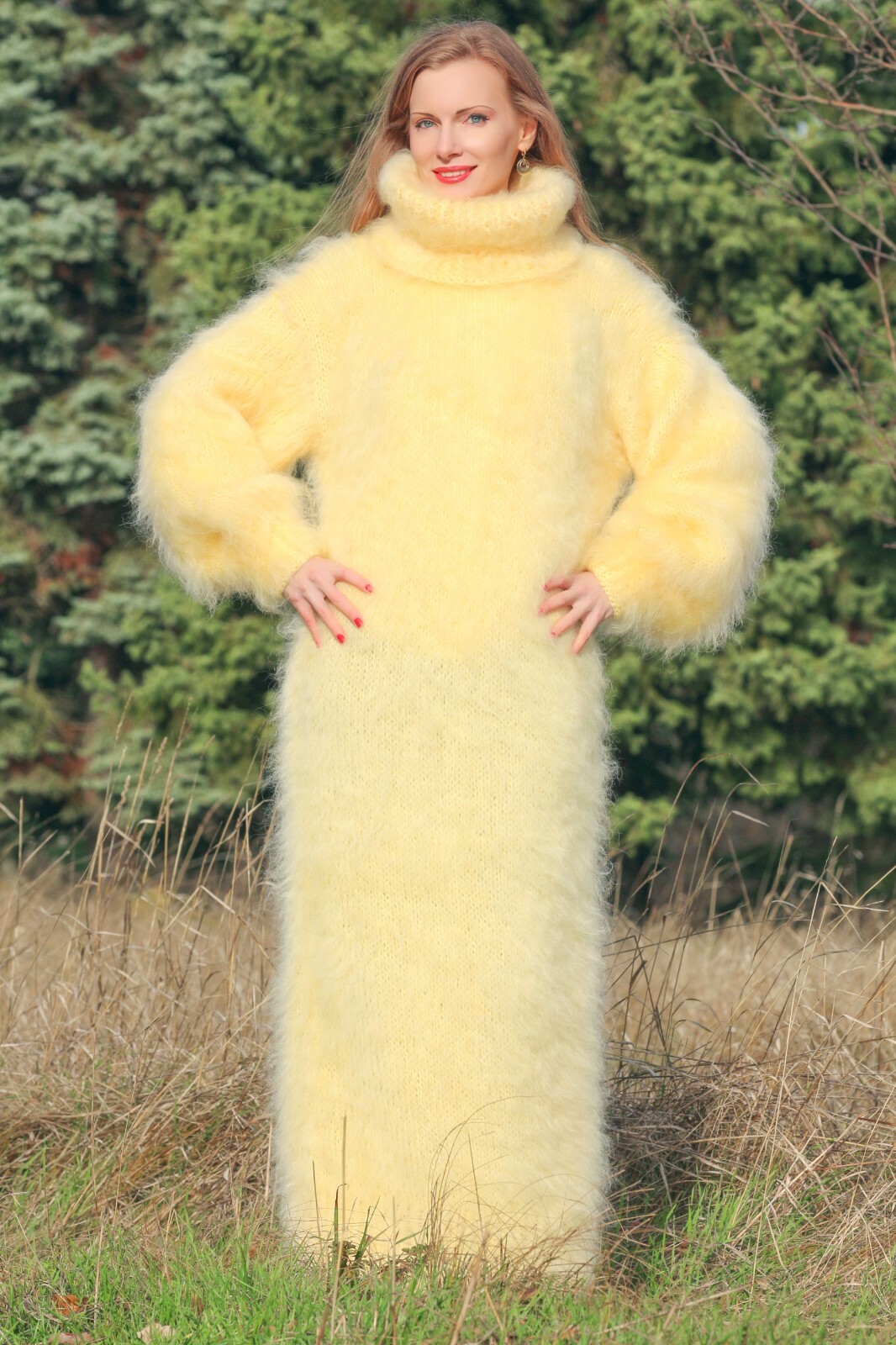 Yellow long mohair sweater dress fuzzy turtleneck warm soft gown by SUPERTANYA