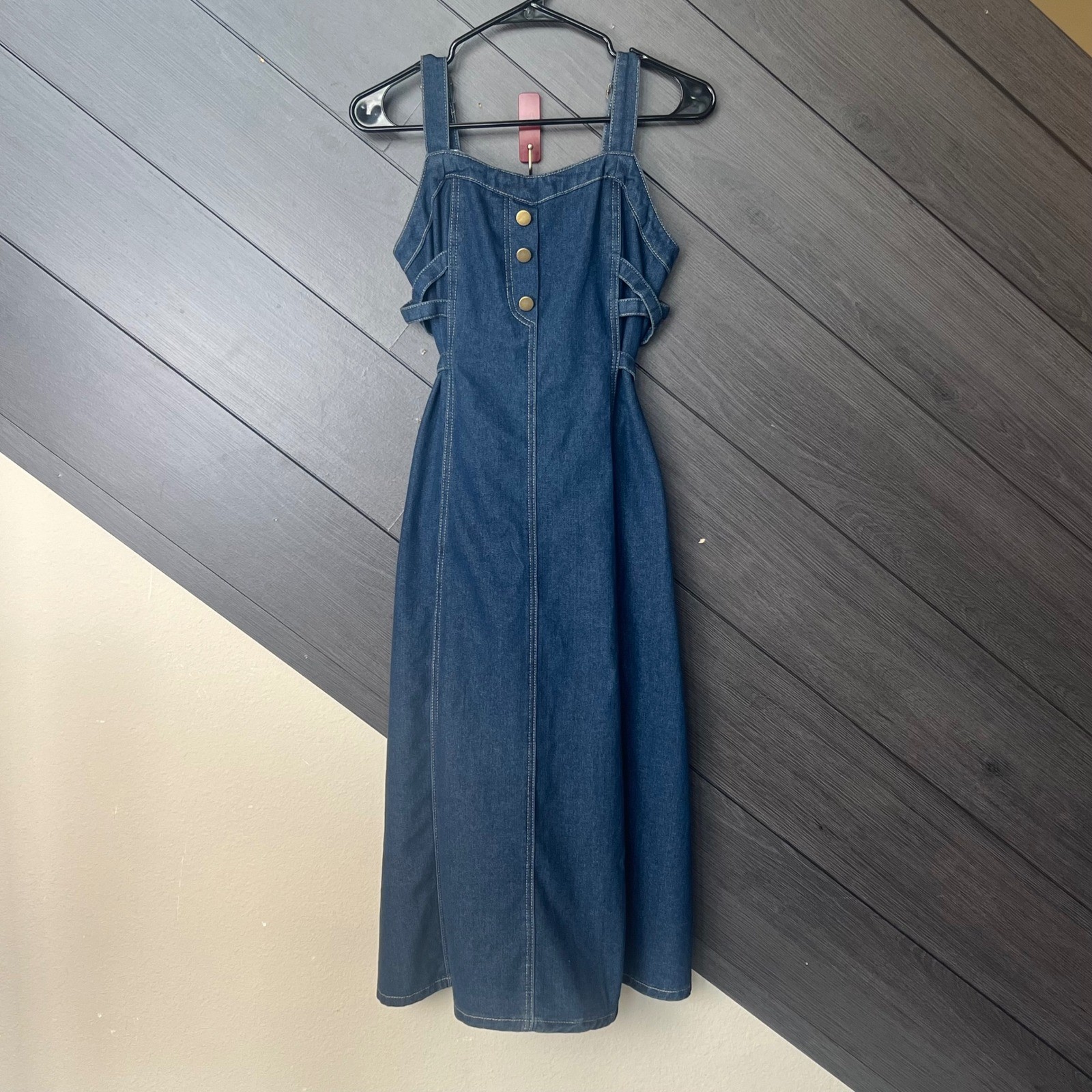 Chartou Women’s Denim Midi Dress Button Front Strap Detail Size S Blue