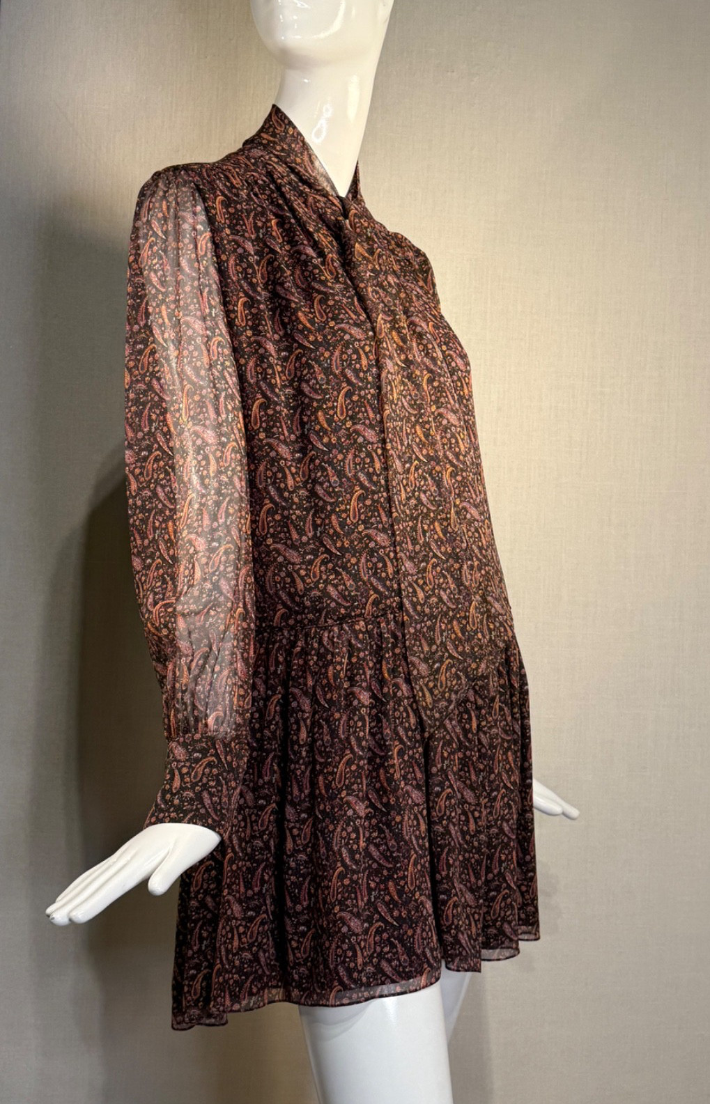 2015 Saint Laurent by HEDI SLIMANE Paisley Silk Chiffon Mini Dress FR40, Resort