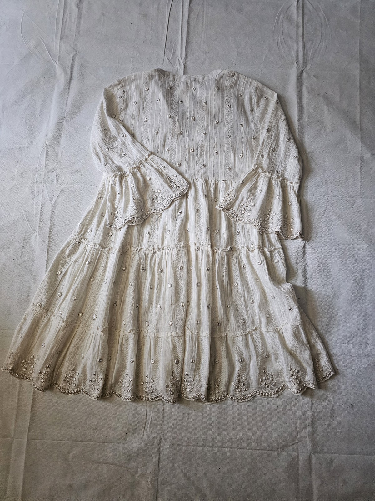 Club Moda White Solid Lace Embroidered Beaded Ruffle Tie Mini Dress S
