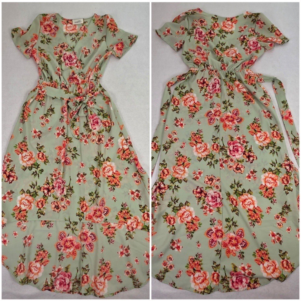 Minette Womens M High Low Dress Sage Green Floral Excellent Boho Maxi