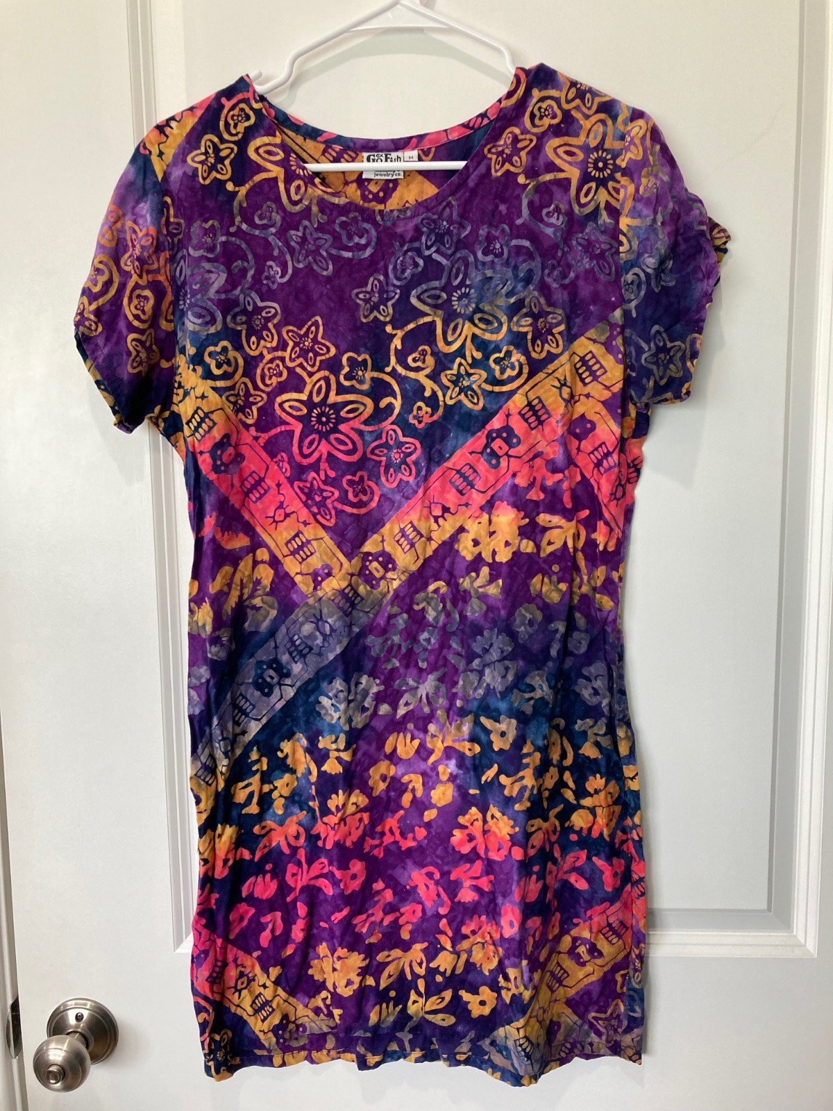 VTG Go Fish Clothing Dress Womens M Purple Batik Print Artsy Beachy Shift