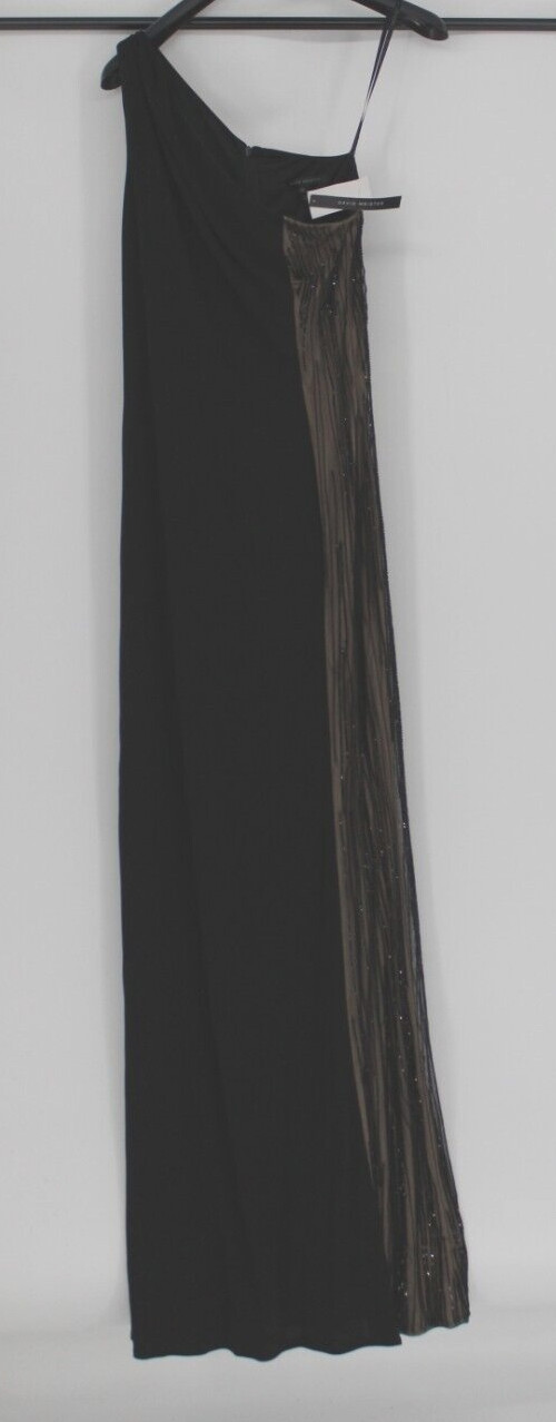 DAVID MEISTER Black 1-Shoulder Long Beaded & nude Side Formal Dress Size 12 $648